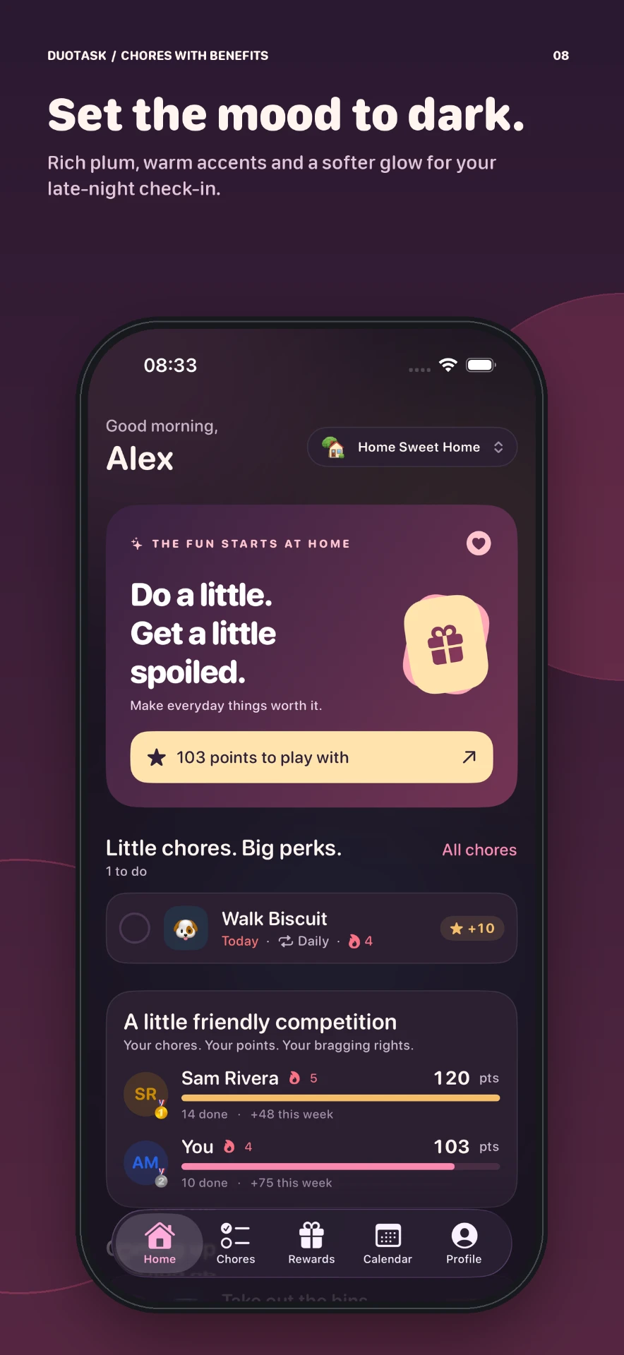 The home screen in dark mode