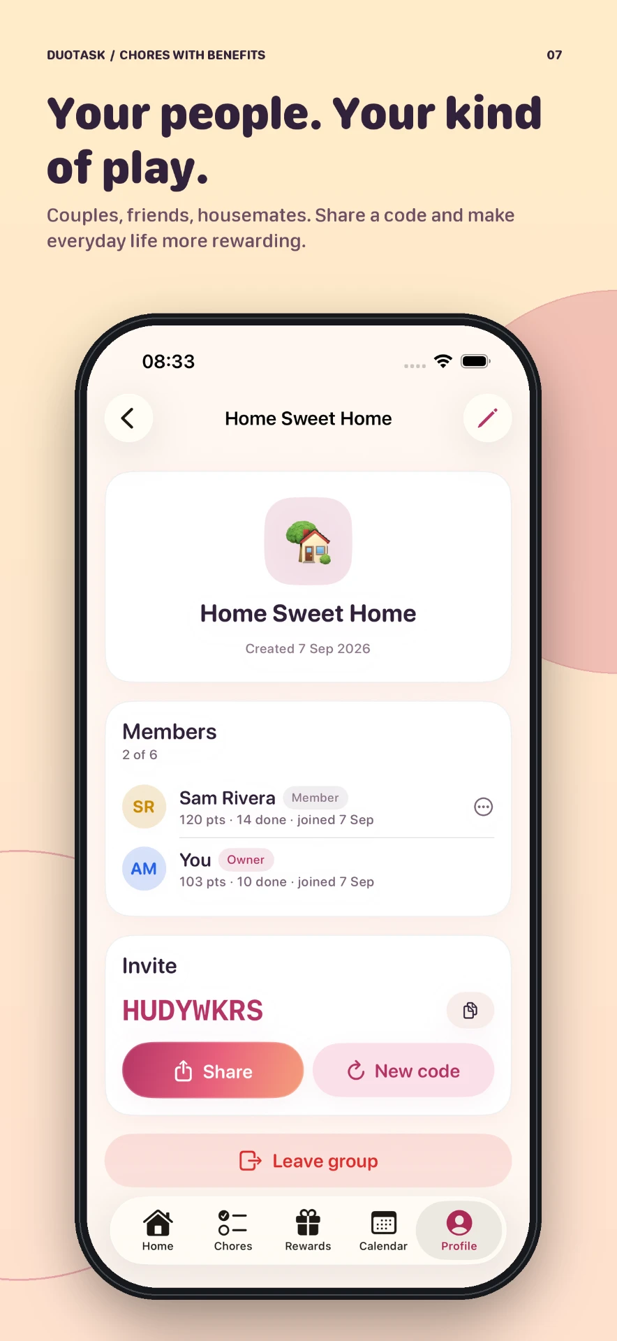 Household screen with members, points and an invite code